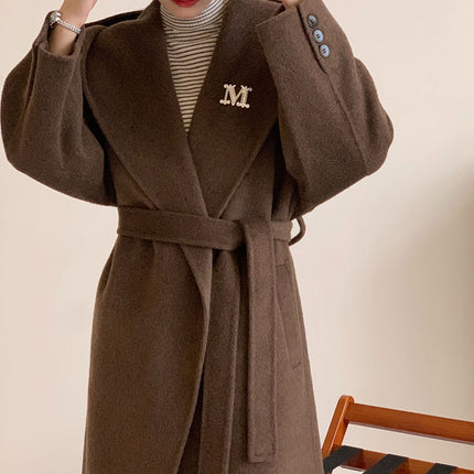 Onbely manteau en laine longue avec poches ceinture à capuche pour femme
