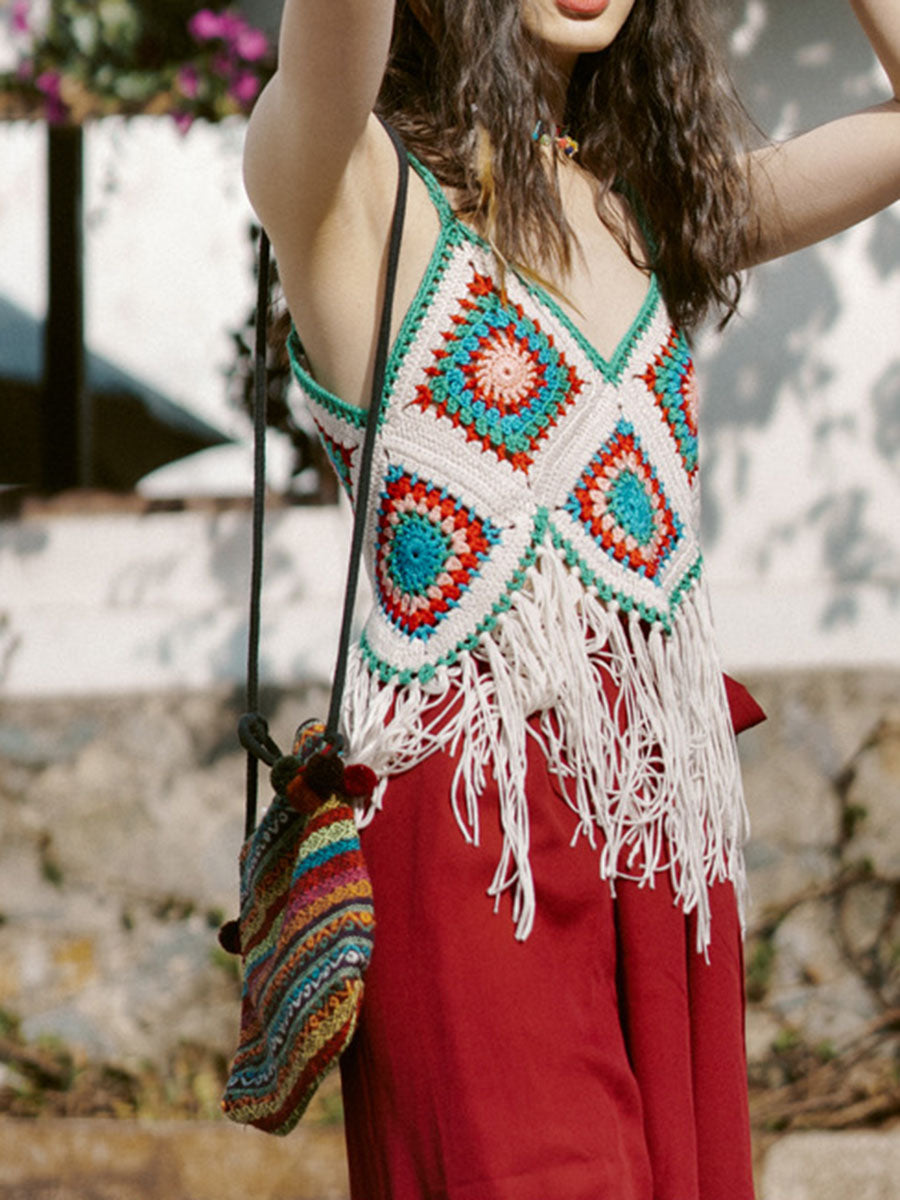 Onbely Bohemian Crochet Tank Top with Decorative Fringe for Vacation and Beach