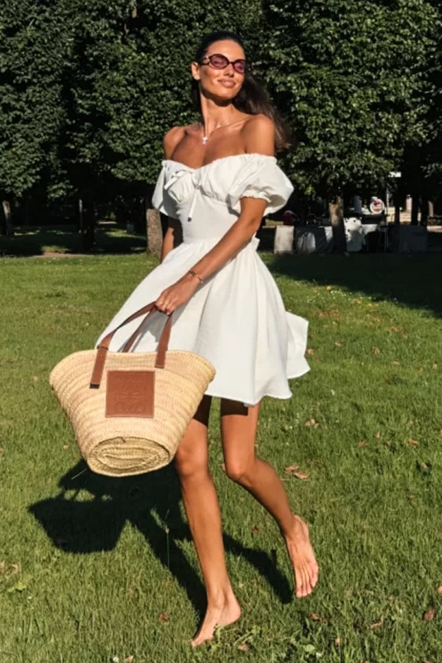 Onbely robe courte trapèze unicolore épaules dénudées col bateau manches courtes taille marquée mode décontractée tous les jours vacances