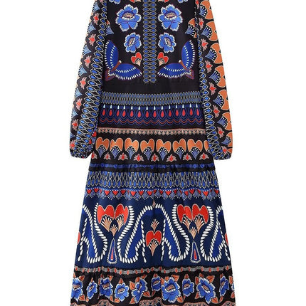 Onbely robe longue imprimé à fleurie manches longues bohème navy boho dress