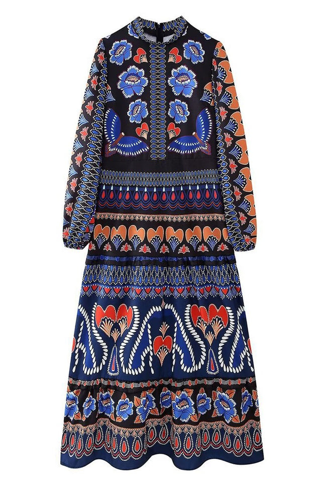 Onbely robe longue imprimé à fleurie manches longues bohème navy boho dress