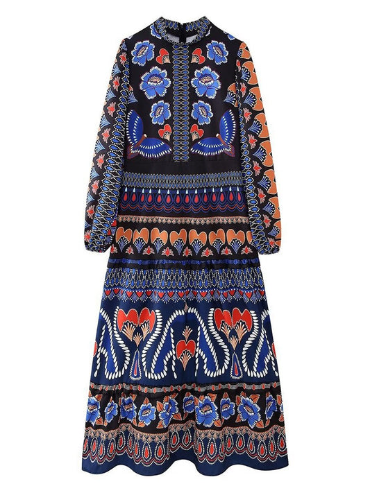 Onbely robe longue imprimé à fleurie manches longues bohème navy