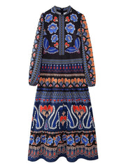 Onbely robe longue imprimé à fleurie manches longues bohème navy