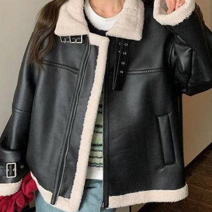 Onbely manteau aviateur simili cuir fermeture éclair femme hiver