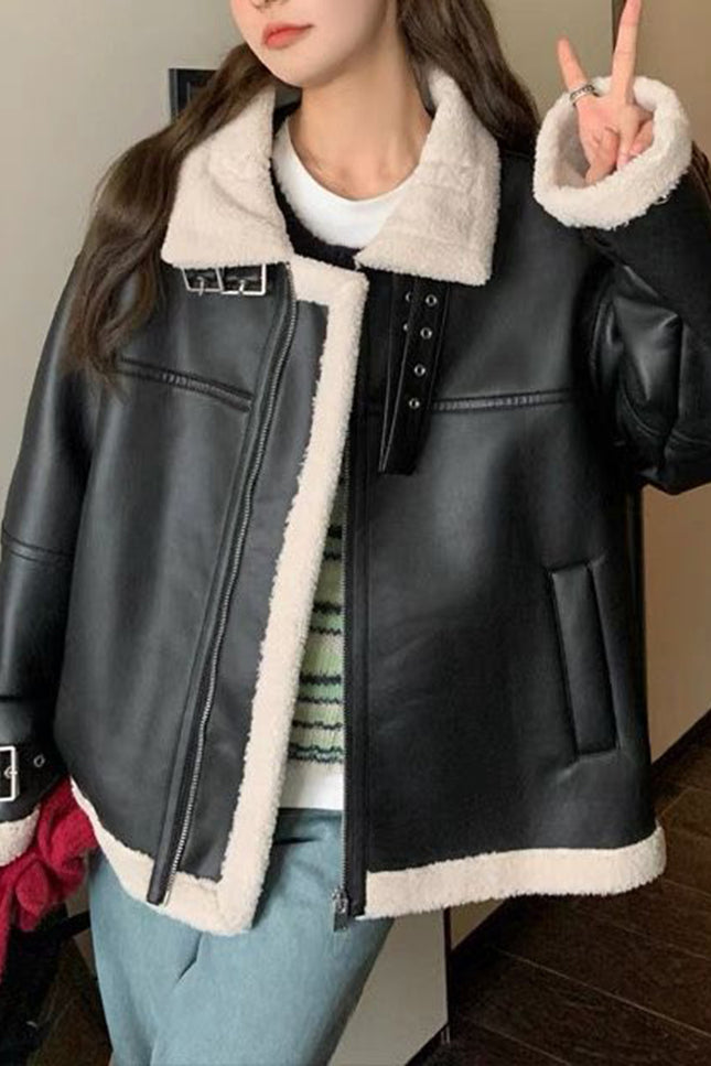 Onbely manteau aviateur simili cuir fermeture éclair femme hiver