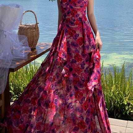 Onbely robe maxi longue mousseline imprimé à fleurie fendu le côté