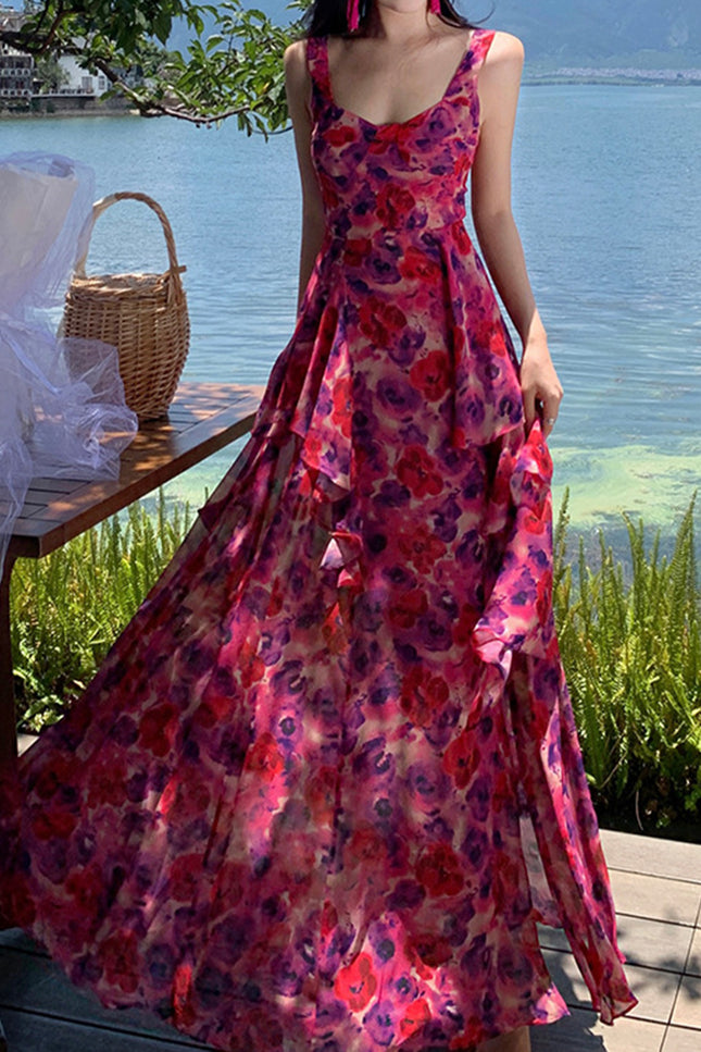 Onbely robe maxi longue mousseline imprimé à fleurie fendu le côté