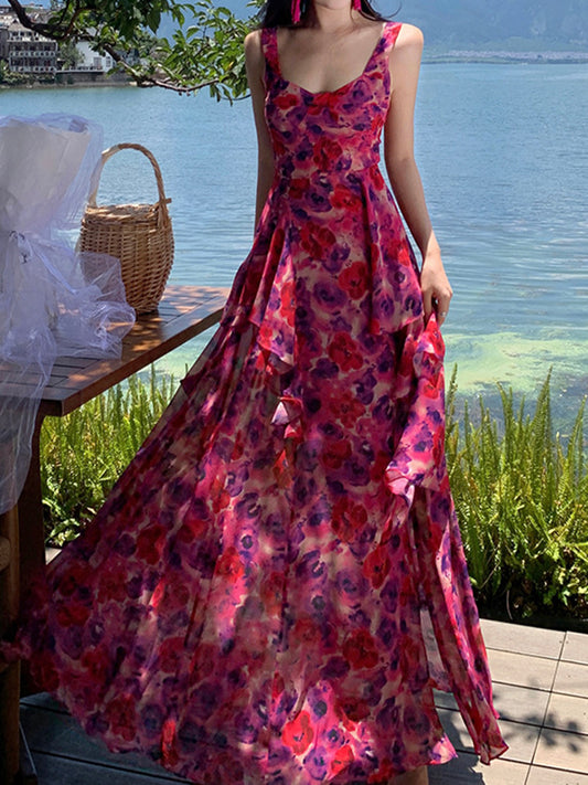 Onbely robe maxi longue mousseline imprimé à fleurie fendu le côté