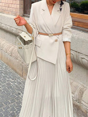 Onbely long pleated blazer dress with belt for women in white fashion