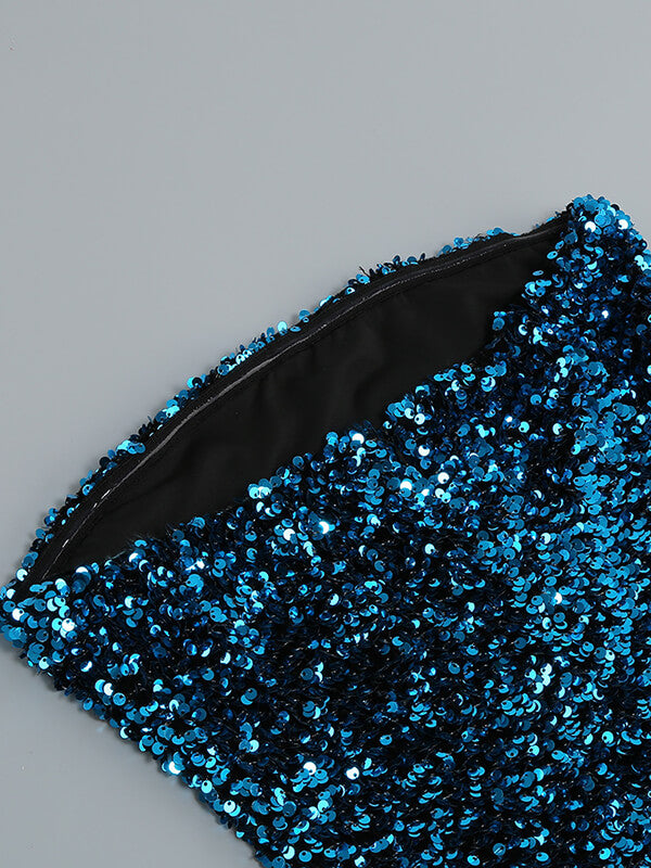 Onbely mini-robe mode brillante paillette plumes bleu - onbely