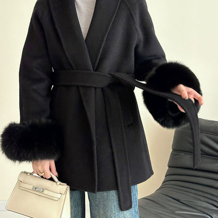 Onbely manteau en laine courte fausse fourrure avec ceinture pour femme