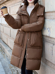 Onbely women's winter long cotton coat with hooded pockets