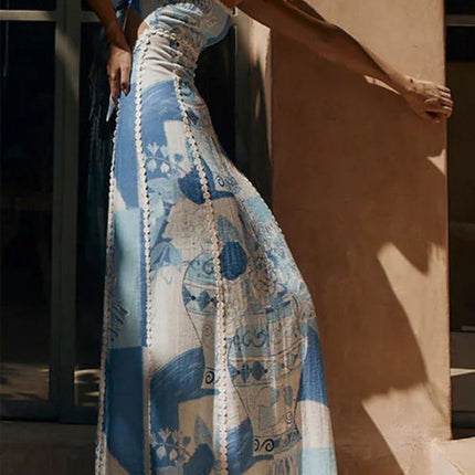 Onbely robe longue trapèze imprimé floral fermeture éclair dos nu à fines brides col bateau décontractée mode tous les jours vacances boho dress