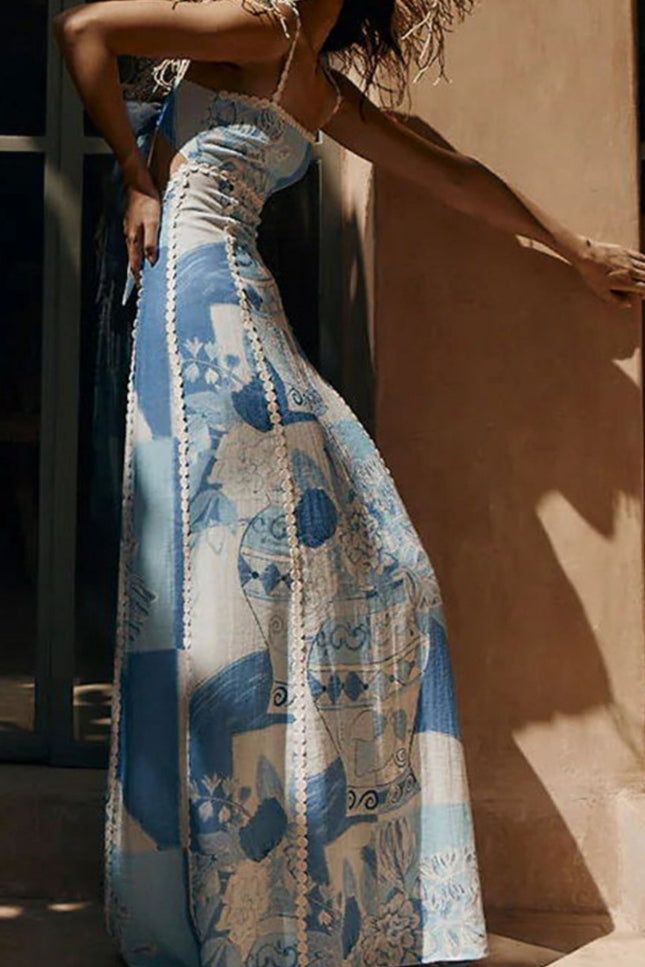 Onbely robe longue trapèze imprimé floral fermeture éclair dos nu à fines brides col bateau décontractée mode tous les jours vacances boho dress