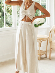 Onbely Sleeveless V-Neck Drawstring Top and Wide Leg Pants Set in Beige Linen