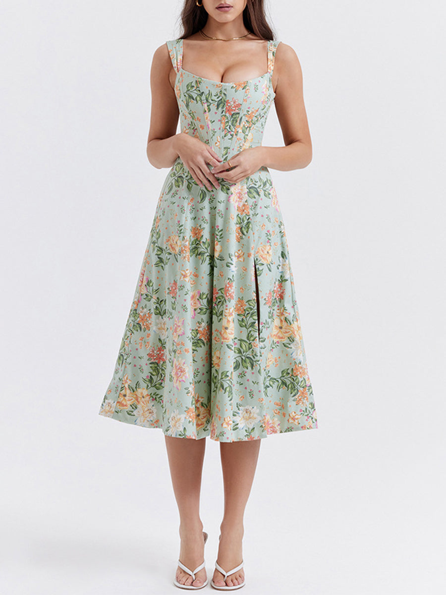 Onbely mi-longue robe trapèze imprimé à fleurie fendu le côté bustier dos nu à fines brides doux vacances tous les jours