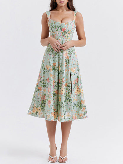 Onbely mi-longue robe trapèze imprimé à fleurie fendu le côté bustier dos nu à fines brides doux vacances tous les jours