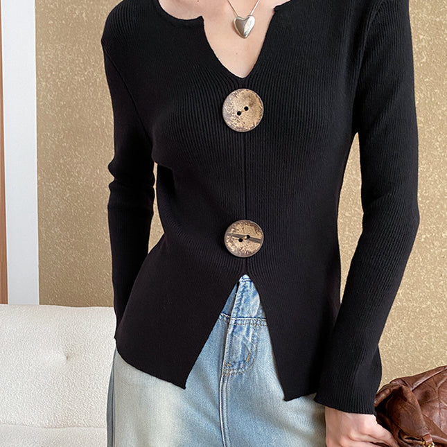 Onbely pull en maille moulante Col en V boutons pour femme mode