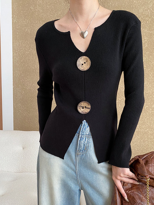Onbely pull en maille moulante Col en V boutons pour femme mode