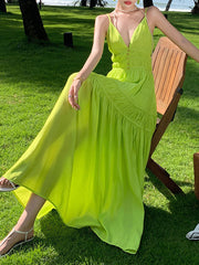 Onbely maxi long beach evening dress with thin green straps for a wedding ceremony for women