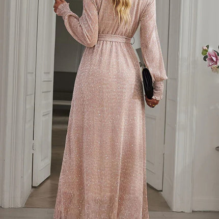 Onbely robe longue fendu le côté brillante paillette ceinture v-cou manches longues élégant de soirée pour mariage