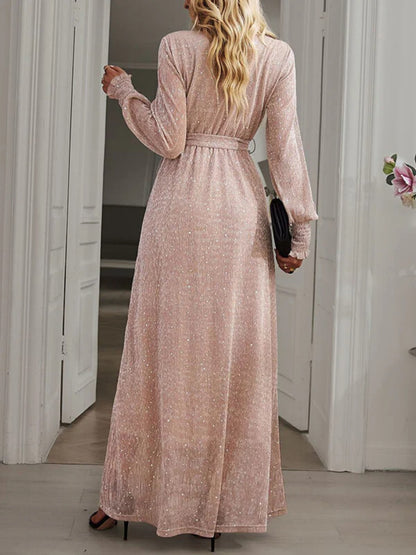Onbely robe longue fendu le côté brillante paillette ceinture v-cou manches longues élégant de soirée pour mariage