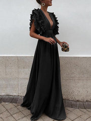 Onbely Long Maxi Evening Dress with Ruffles and Plunging Neckline for Wedding