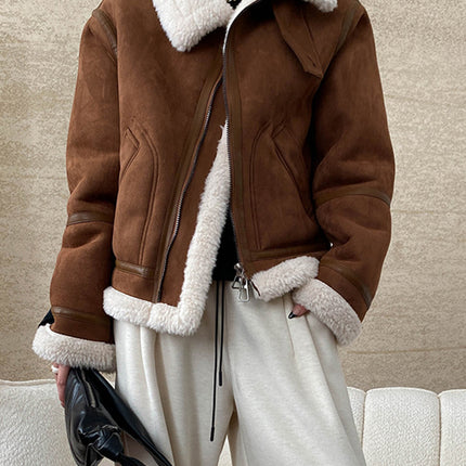 Onbely manteau aviateur en suedine laine pour femme hiver