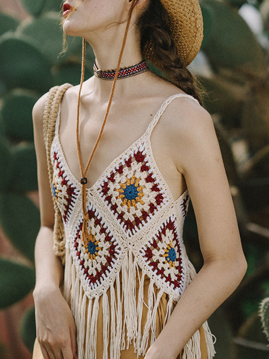 Onbely Bohemian Crochet Tank Top with Decorative Fringe for Vacation and Beach