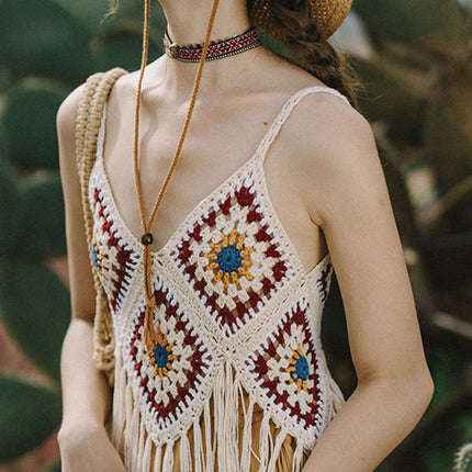 Onbely Débardeur Bohème en Crochet avec Franges Décoratives pour Vacances et Plage boho dress