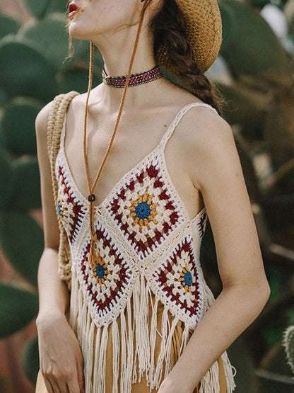 Onbely Débardeur Bohème en Crochet avec Franges Décoratives pour Vacances et Plage
