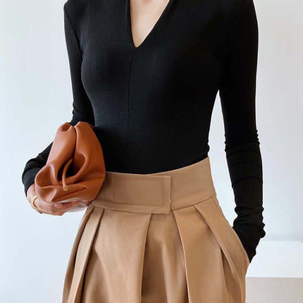 Onbely haut tricot côtelé Col en V manches longues femme