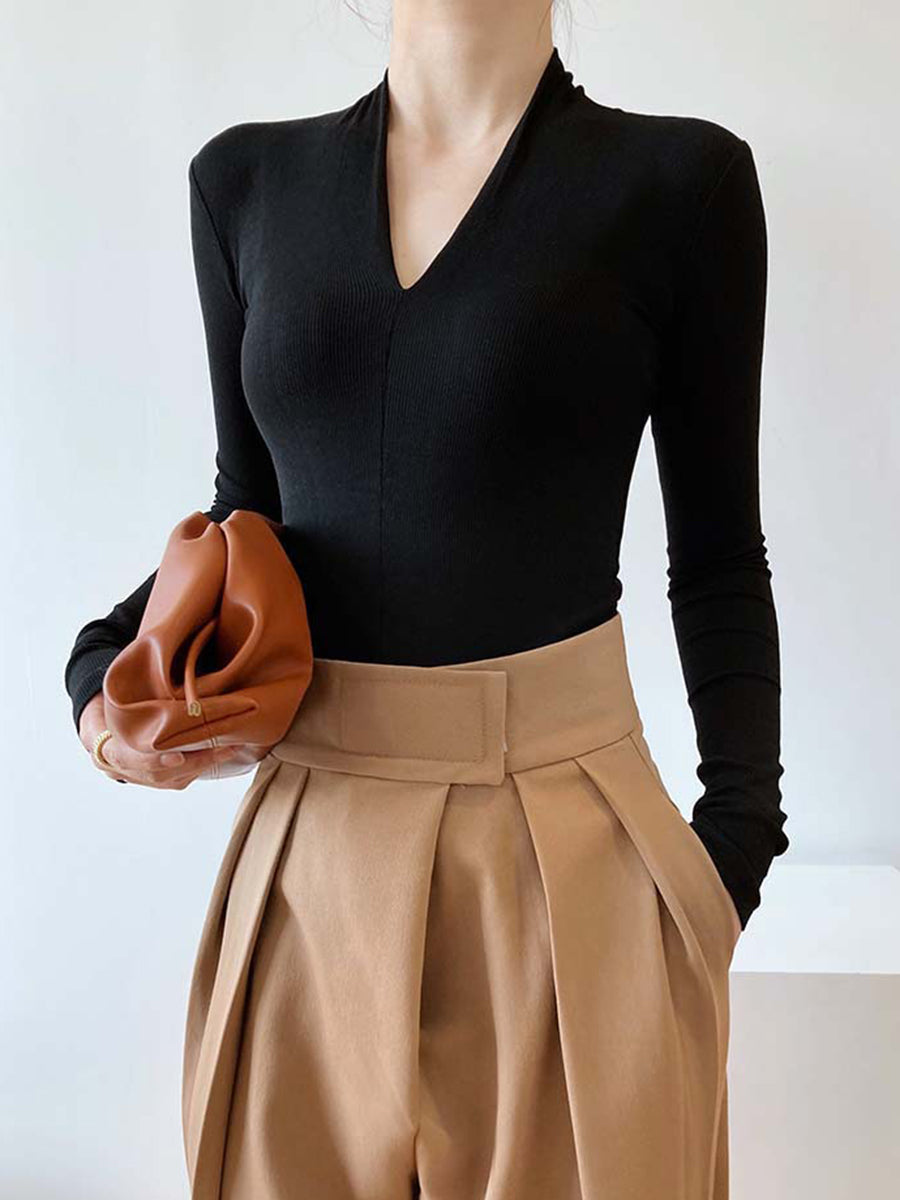 Onbely haut tricot côtelé Col en V manches longues femme