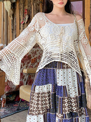 Onbely English Embroidery Tops with Trumpet Sleeves and Strappy Details Bohemian Style