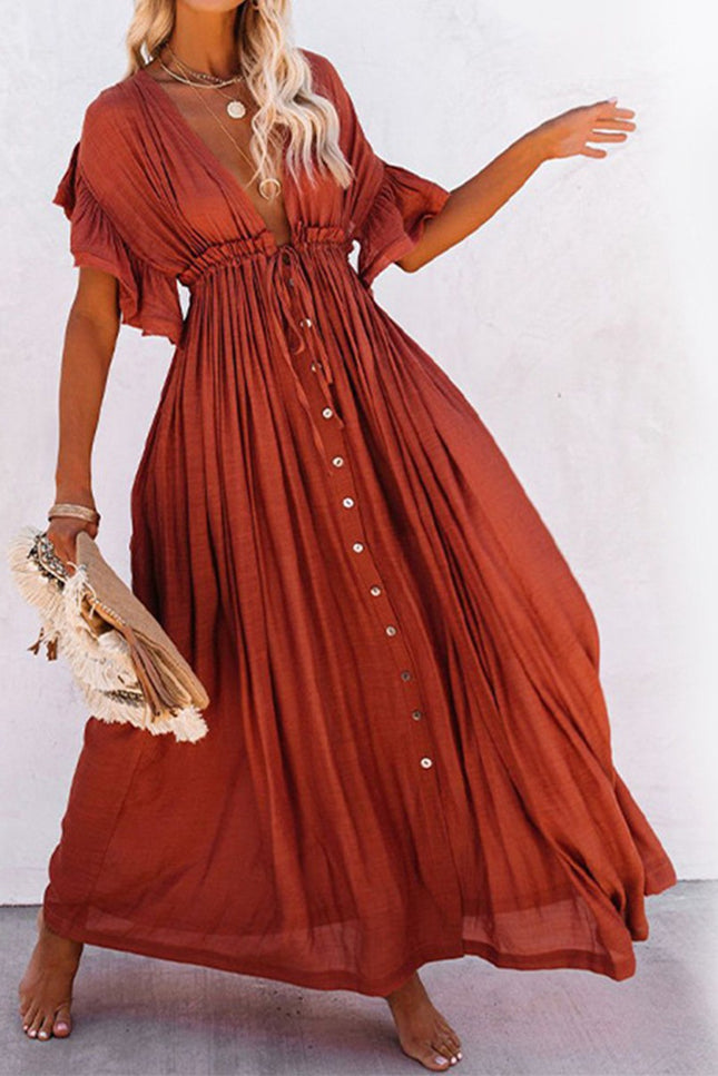 Onbely robe longue décolleté plongeant volants superposés manches courtes coulisse taille hawaienne vacances plage Protection solaire