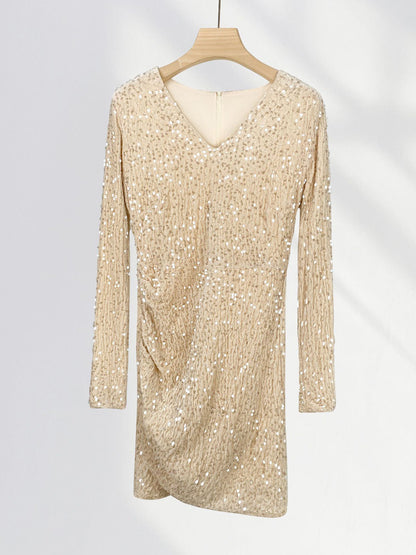 Onbely robe courte moulante velours brillante paillette Col en V cocktail
