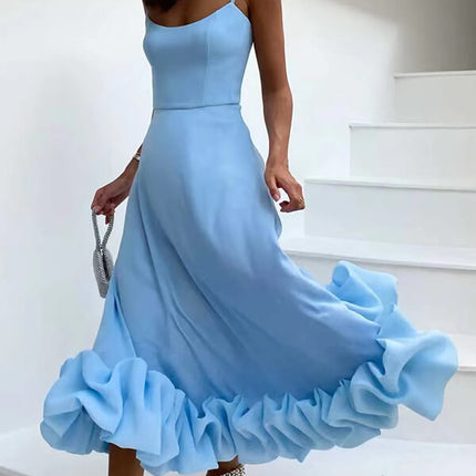 Onbely robe longue bustier à fines brides avec volants, élégante et douce pour cocktail et bal de promo