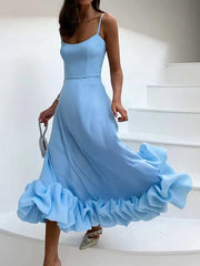 Onbely Strapless Long Dress with Thin Straps and Ruffles, Elegant and Soft for Cocktail and Prom