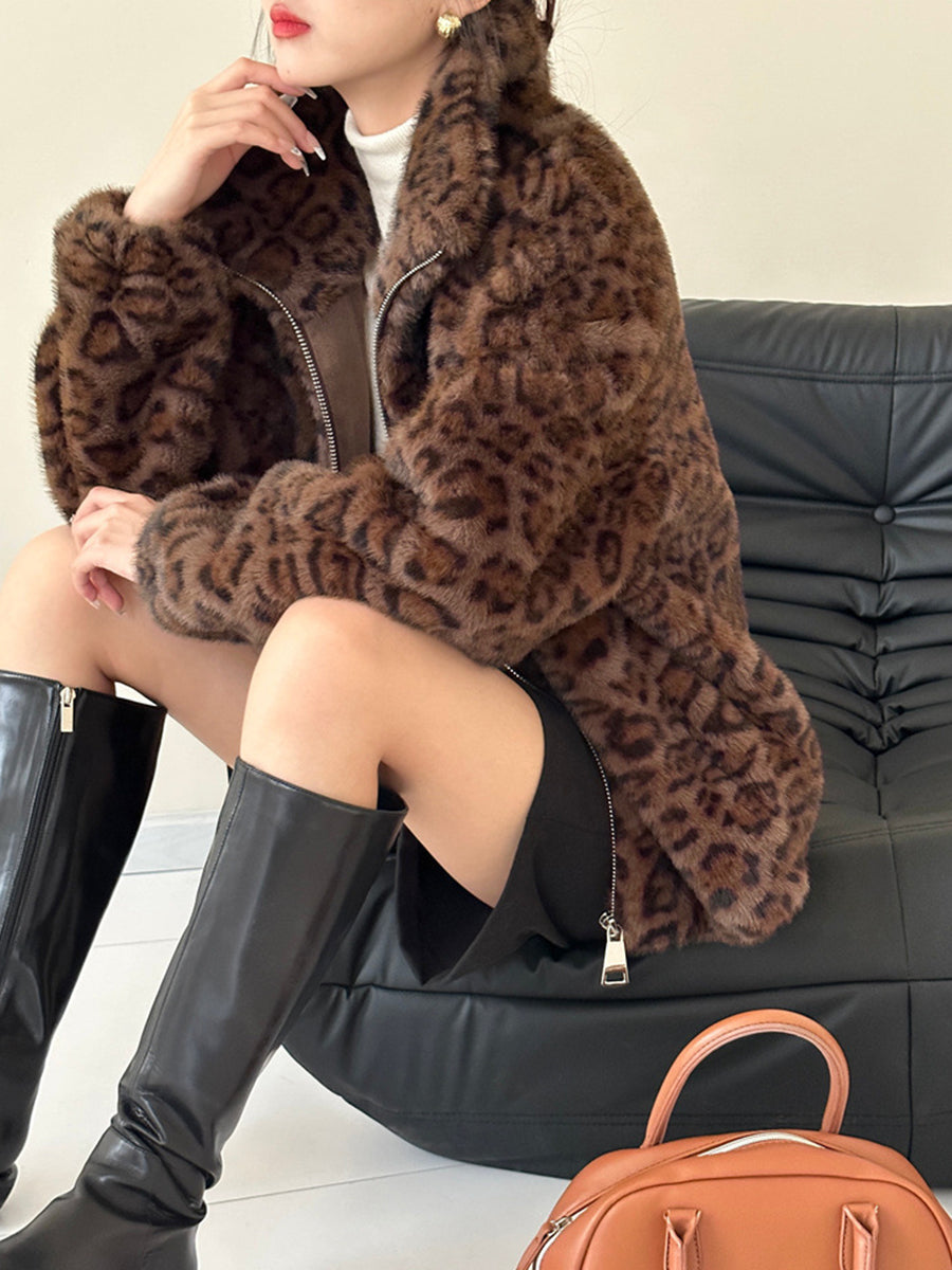 Onbely manteau en fausse fourrure léopard avec fermeture éclair femme mode