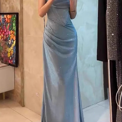 Onbely Robe de soirée longue et moulante brillante paillette à fines brides bleue