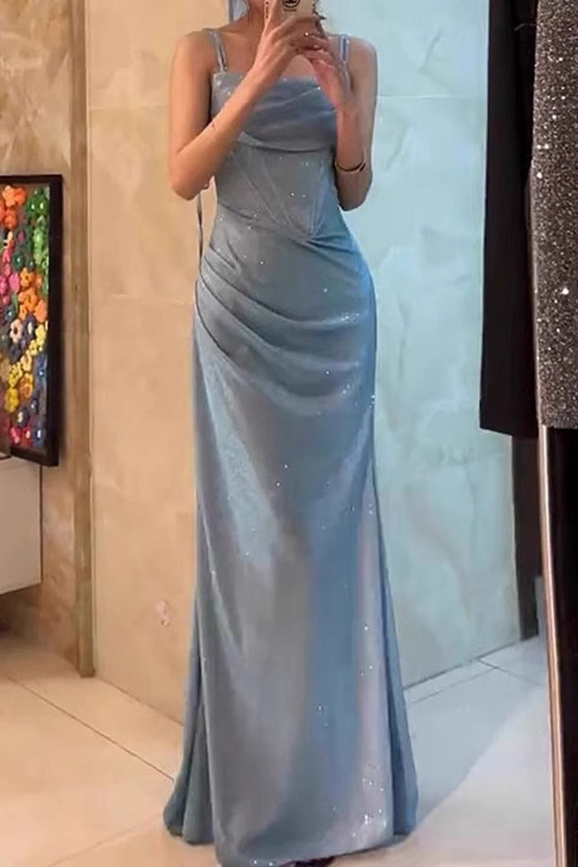 Onbely Robe de soirée longue et moulante brillante paillette à fines brides bleue