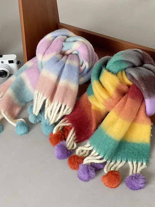 Onbely écharpe rayures arc-en-ciel mohair avec pompons - onbely
