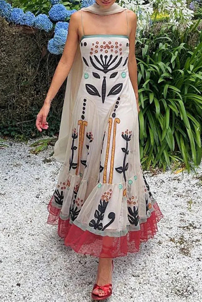 Onbely robe longue ethnique à fines brides avec volants pour bal de promo et plage boho dress