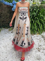 Onbely Ethnic Long Dress with Thin Straps and Ruffles for Prom and Beach