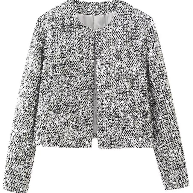 Onbely veste en tweed brillante paillette col rond femme Argent