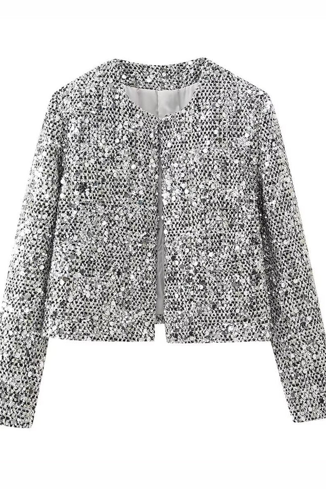 Onbely veste en tweed brillante paillette col rond femme Argent