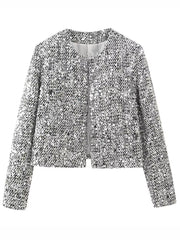 Onbely women's round neck shiny sequin tweed jacket Silver