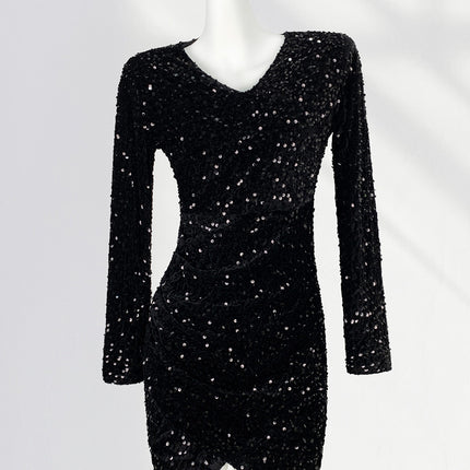 Onbely robe courte moulante velours brillante paillette Col en V cocktail