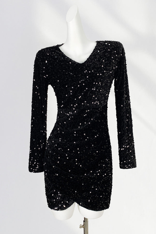 Onbely robe courte moulante velours brillante paillette Col en V cocktail