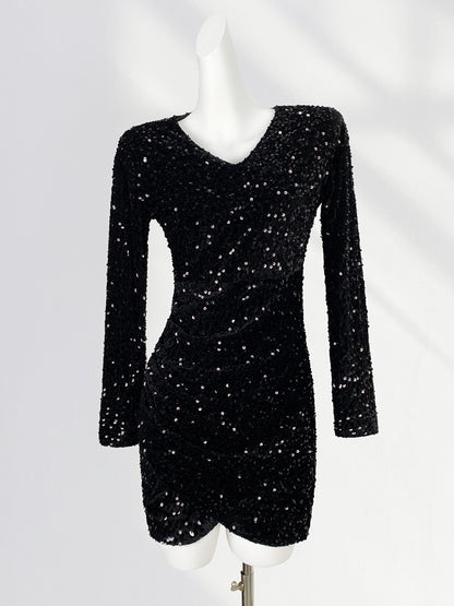 Onbely robe courte moulante velours brillante paillette Col en V cocktail